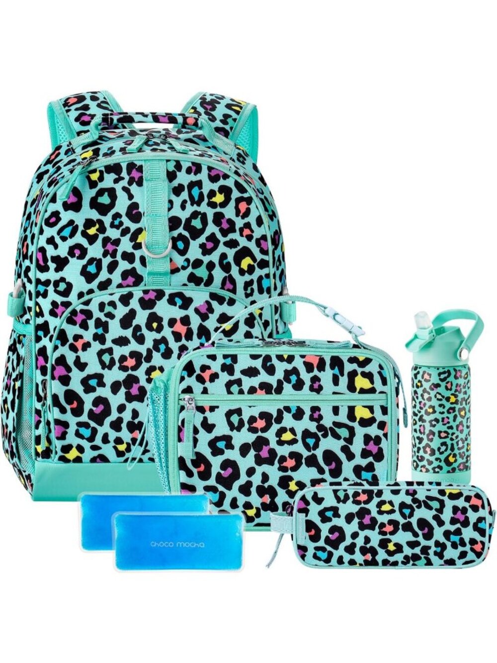 Cheetah Print Kids Backpack Set with Lunch Box & Water Bottle, 17" Bookbag for